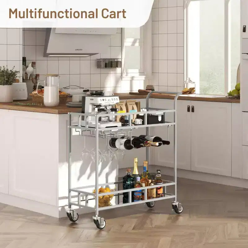 Carrello Bar Portatile a 2 Ripiani con Specchio, Portabottiglie e Portabicchieri