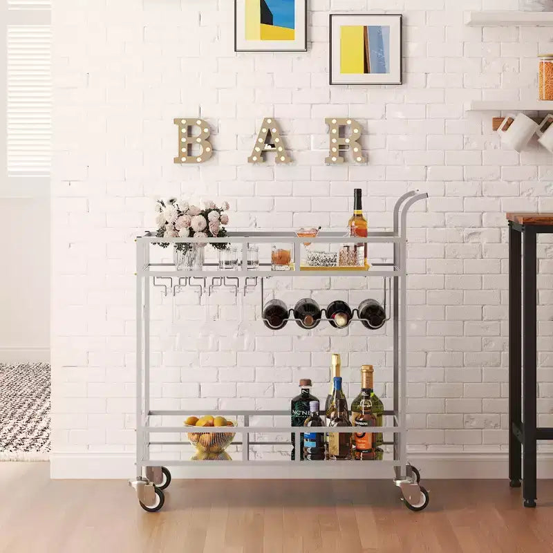 Carrello Bar Portatile a 2 Ripiani con Specchio, Portabottiglie e Portabicchieri