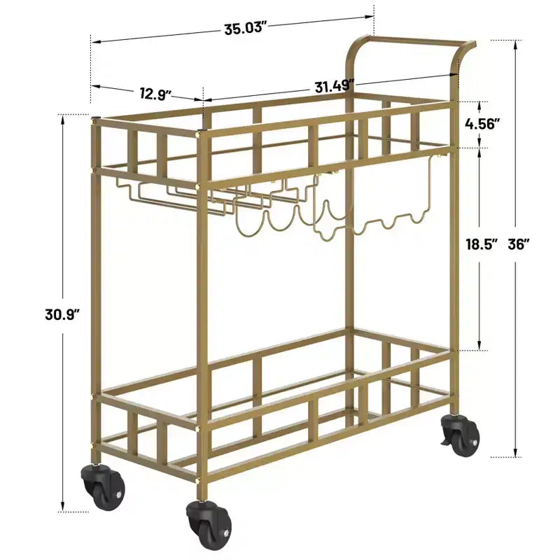 Carrello Bar Portatile a 2 Ripiani con Specchio, Portabottiglie e Portabicchieri