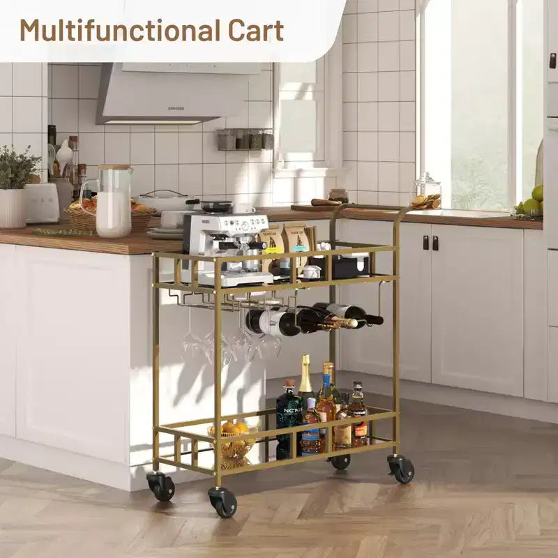 Carrello Bar Portatile a 2 Ripiani con Specchio, Portabottiglie e Portabicchieri