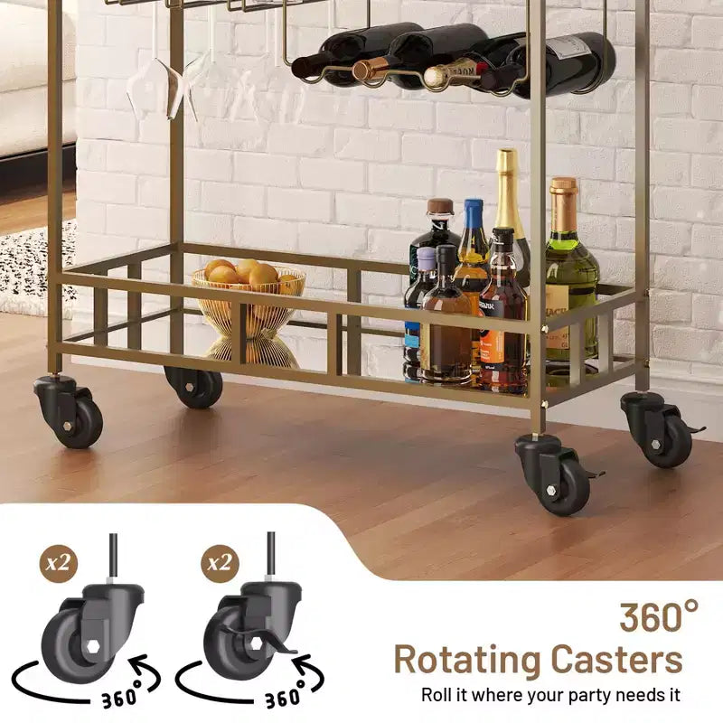 Carrello Bar Portatile a 2 Ripiani con Specchio, Portabottiglie e Portabicchieri