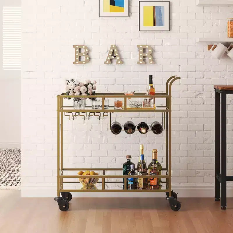 Carrello Bar Portatile a 2 Ripiani con Specchio, Portabottiglie e Portabicchieri