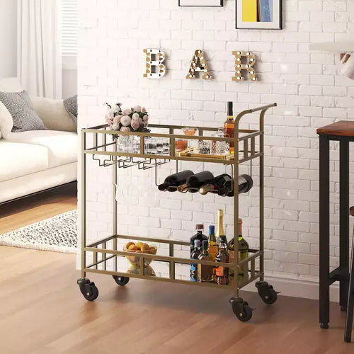 2-Tier Portable Bar Cart with Mirrored Shelves, Rolling Service Trolley with Wine Rack, Glass Holder, Beverage Serving for Home, Dining & Living Room
