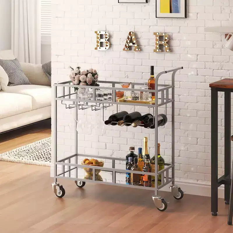 Carrello Bar Portatile a 2 Ripiani con Specchio, Portabottiglie e Portabicchieri