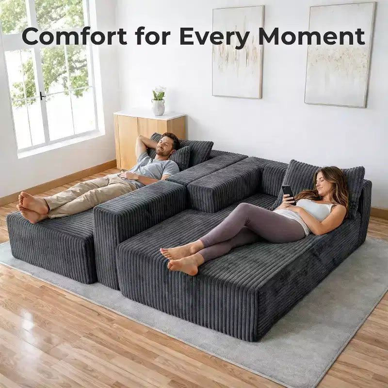Divano componibile a nuvola 279 cm con chaise longue – Divano a L con seduta profonda, rivestimento in velluto a coste
