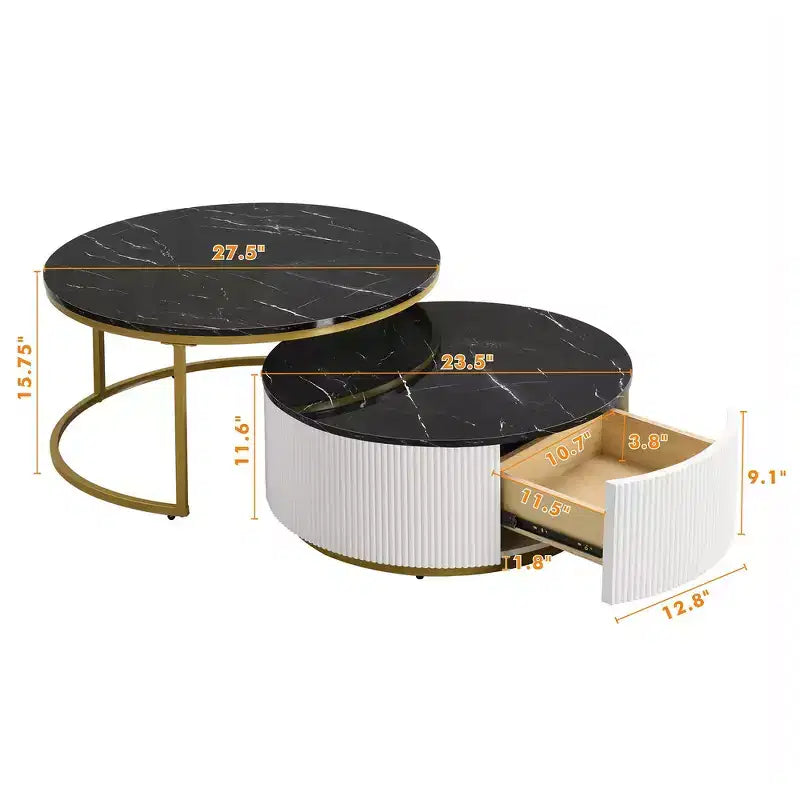 Set di 2 tavolini da caffè rotondi impilabili con base scanalata e cassetto