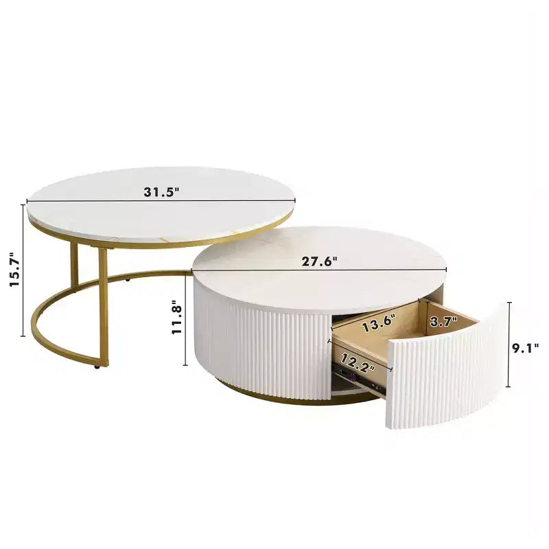 Set di 2 tavolini da caffè rotondi impilabili con base scanalata e cassetto