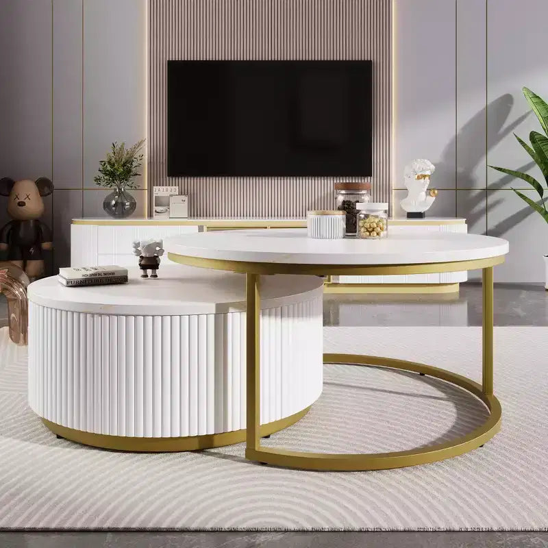 Set di 2 tavolini da caffè rotondi impilabili con base scanalata e cassetto