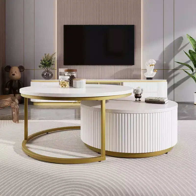 Set di 2 tavolini da caffè rotondi impilabili con base scanalata e cassetto