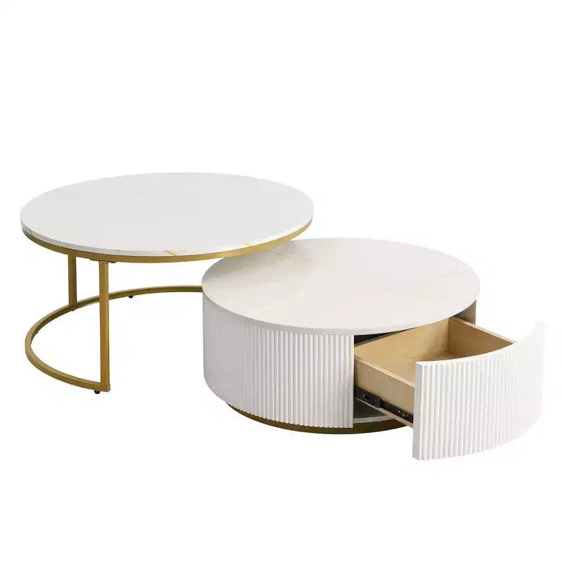 Set di 2 tavolini da caffè rotondi impilabili con base scanalata e cassetto