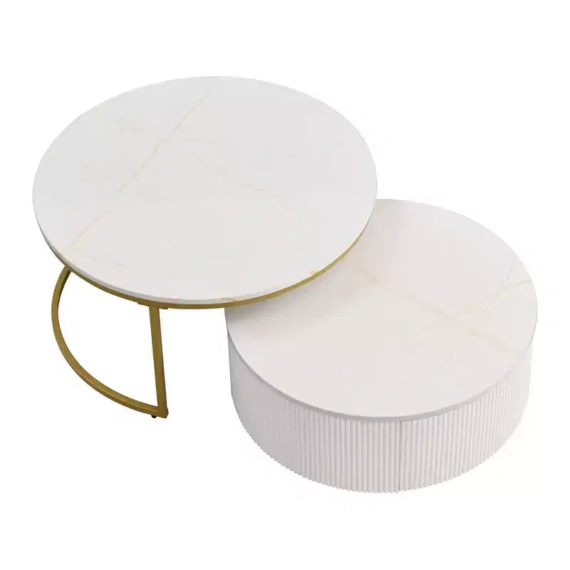 Set di 2 tavolini da caffè rotondi impilabili con base scanalata e cassetto