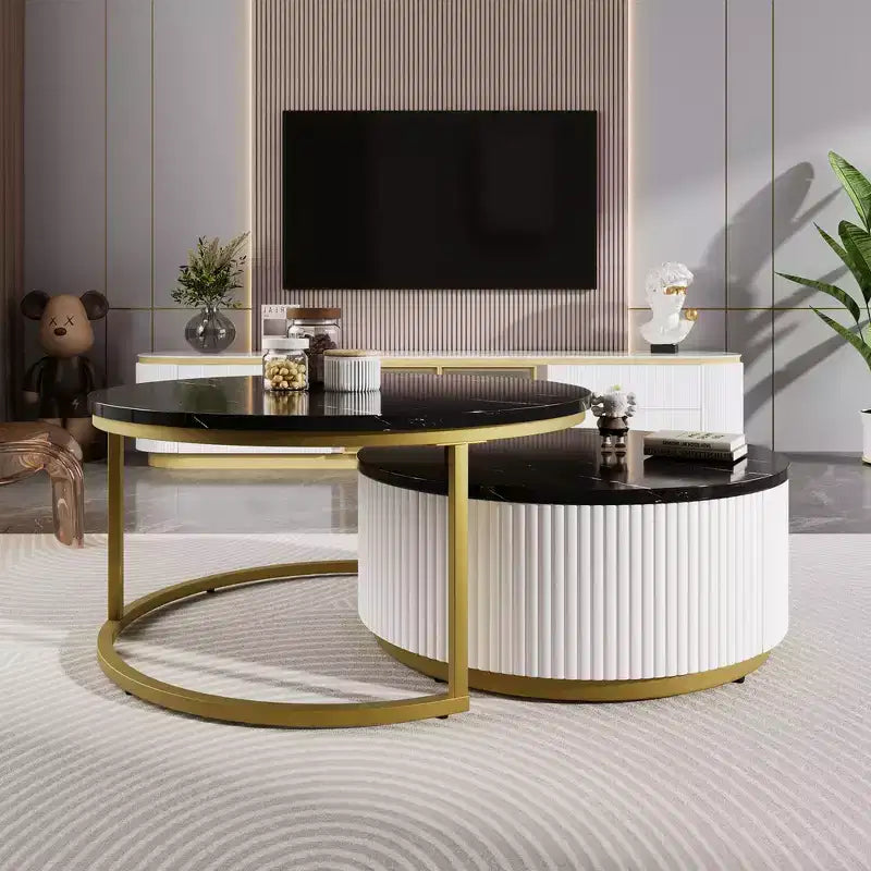 Set di 2 tavolini da caffè rotondi impilabili con base scanalata e cassetto
