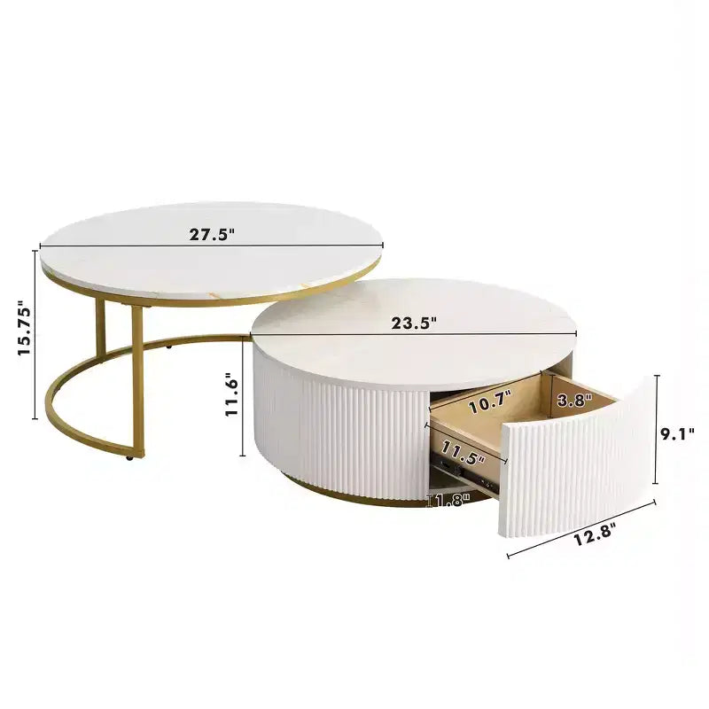 Set di 2 tavolini da caffè rotondi impilabili con base scanalata e cassetto