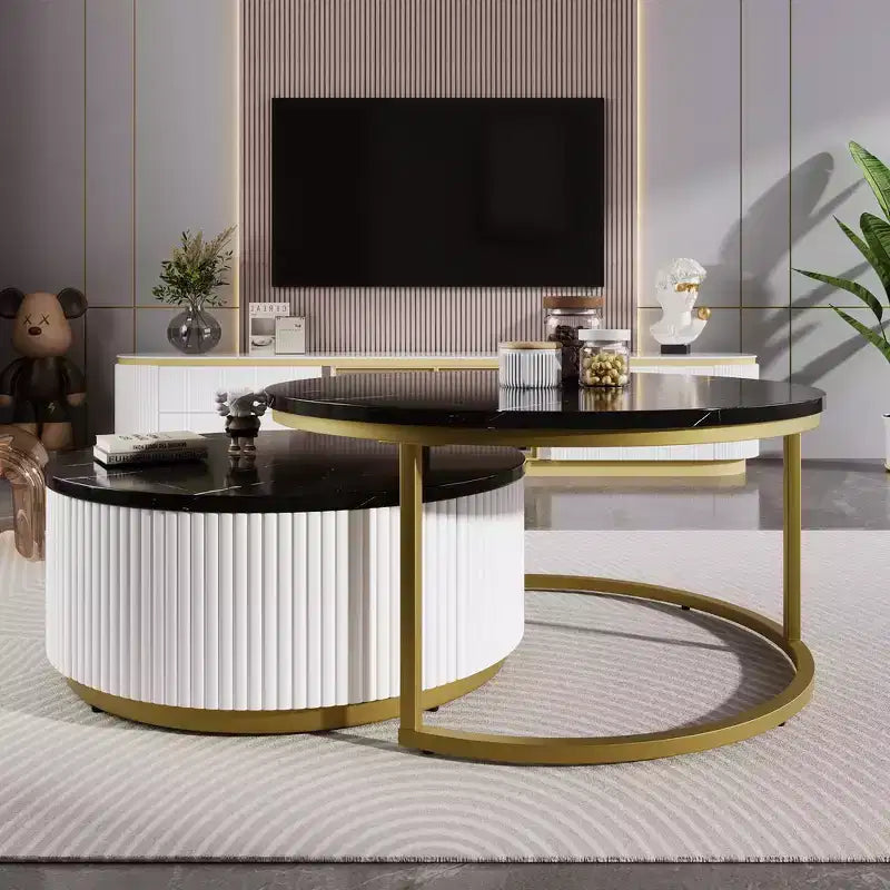 Set di 2 tavolini da caffè rotondi impilabili con base scanalata e cassetto