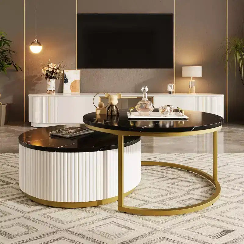Set di 2 tavolini da caffè rotondi impilabili con base scanalata e cassetto
