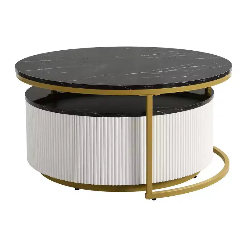 Set di 2 tavolini da caffè rotondi impilabili con base scanalata e cassetto