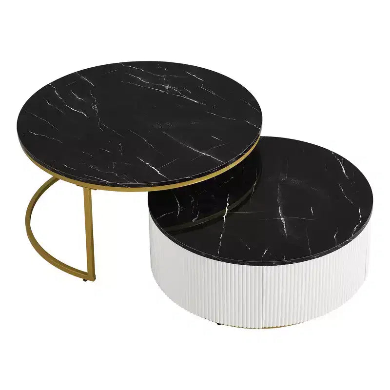 Set di 2 tavolini da caffè rotondi impilabili con base scanalata e cassetto