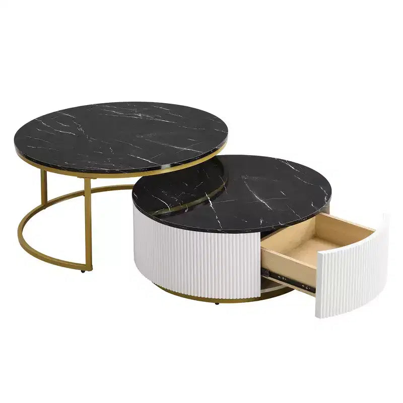 Set di 2 tavolini da caffè rotondi impilabili con base scanalata e cassetto