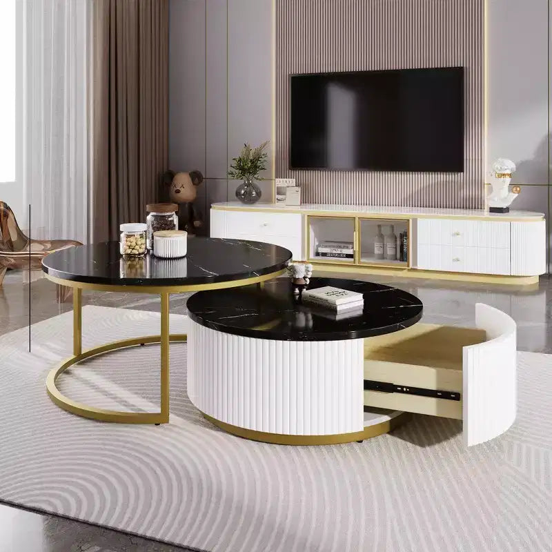 Whisen Modern Round Nesting Coffee Table Set with Fluted Base, Drawer