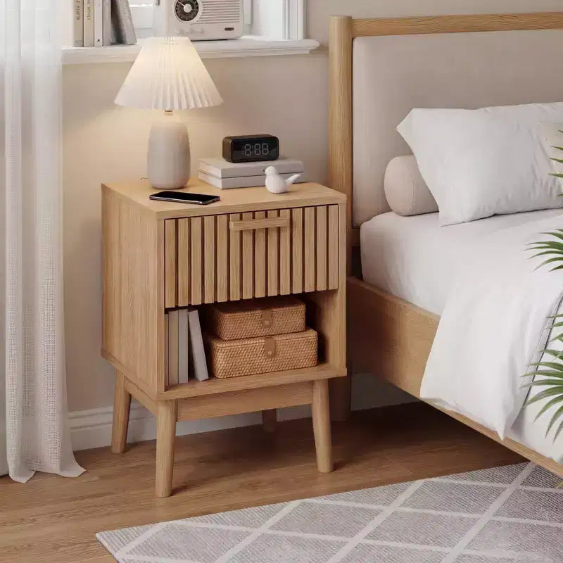Boho Nightstand, Small Side Table with Drawer and Open Shelf, Bedside End Table with Decorated Drawer for Bedroom, Dorn, Living Room and Small Spaces