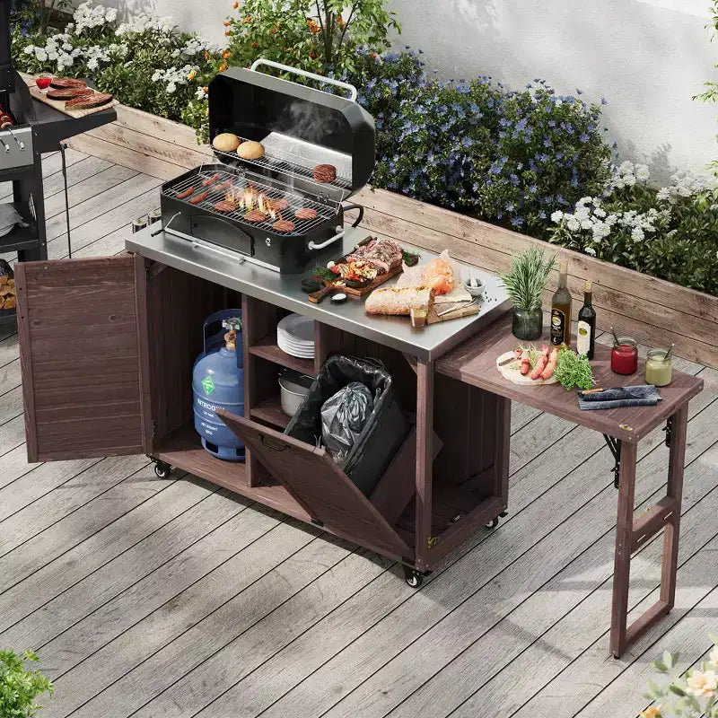 Isola da Cucina per Esterni da 78.3 Pollici con Piano di Lavoro in Acciaio Inossidabile, Tavolino Laterale Pieghevole e Armadietti – Marrone Scuro