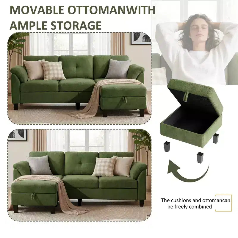 Divano a 3 posti da 79 pollici con pouf e poggiapiedi contenitore