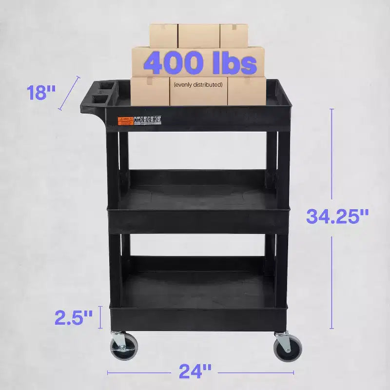 Carrello multiuso a tre ripiani con rotelle, 24 L x 18 P x 34,25 A